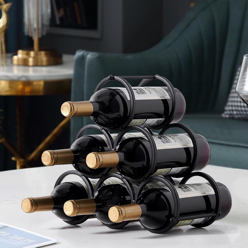 GeLive Small Tabletop Wine Rack 6 Bottles Triangle Freestanding Countertop Wine Bottle Holder Cabinet Pantry Wine Storage Stand Bottle Organizer for Coffee Bar Kitchen, Frosted Iron, Black - Image 1